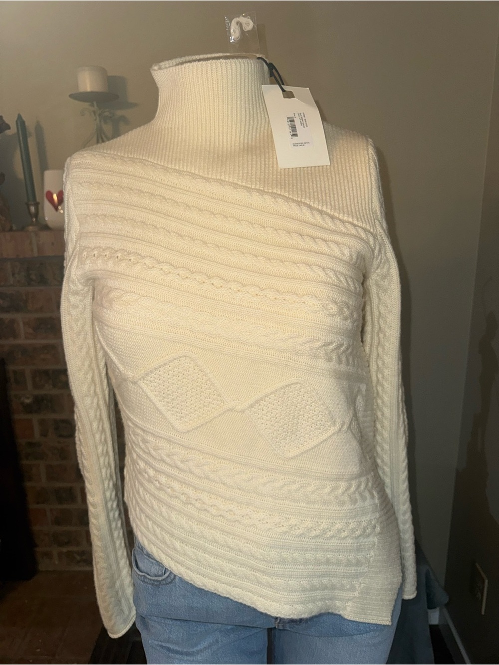 NWT STAUD Ivory Cable-Knit Turtleneck Sweater Women's Size S Long Sleeve
